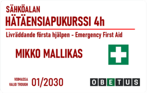 Neljä tuntia kestävä sähkötyön hätäensiapukurssi on suunniteltu erityisesti sähköalan ammattilaisille. Koulutus täyttää sekä työturvallisuuslain vaatimukset että sähkötyöturvallisuusstandardi SFS 6002:n edellytykset