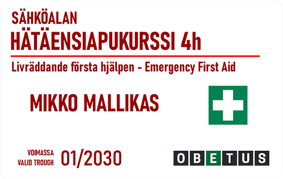 Neljä tuntia kestävä sähkötyön hätäensiapukurssi on suunniteltu erityisesti sähköalan ammattilaisille. Koulutus täyttää sekä työturvallisuuslain vaatimukset että sähkötyöturvallisuusstandardi SFS 6002:n edellytykset